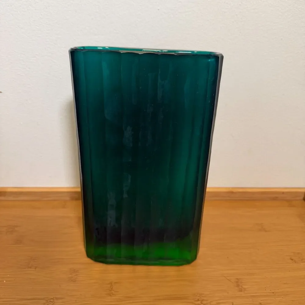 Vintage Emerald Green Art Glass Vase Faceted Ribbed MCM Scandinavian Style
